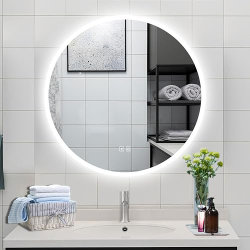 simple bathrooms 600 * 600MM Round Mirror with 3 Colors Dimmable LED Light Bluetooth Anti-fog Memory function Vanity mirror