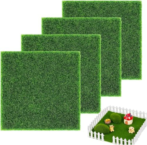 GisWell Mini Kunstrasen DIY 4 Stück, Miniatur Rasen 15 x 15 cm, Deko Grasmatte zum Basteln für Garten Puppenhaus Mikrolandschaft