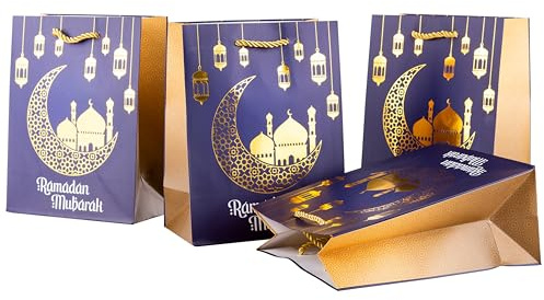 HEKU Ramadan Mubarak Geschenktaschen-Set 4 STK, medium (23 × 18 × 10 cm) I Festliches Design I Hotfoil-Veredelung I Mitbringsel, Blau/Gold