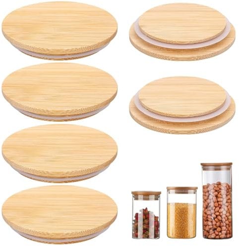 VZU 6PCS Bamboo Lids for Gü Pots, Airtight Bamboo Pot Jar with Silicone Sealing Ring, Reusable Airtight Glass Storage Can for Gu Pot, Leakproof Lids for Gü Pots, Glass Jars, Yoghurt