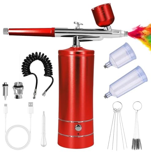 GOEDCH AirBrush Set mit Kompressor: Multi Funktion Handheld Airbrushpistole, Tragbare Wiederaufladbare Airbrush für Nageldesign Kuchendekoration, Makeup, Tattoo-Modellierung, Modellfärbung (Rot)