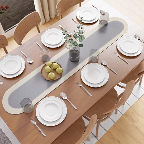 Encasa XO Camino de Mesa | Estilo Acanalado Hecho a Mano en Algodón | 30x137 cm | Gris Claro y Blanco Roto | para Mesas de Centro y de Café