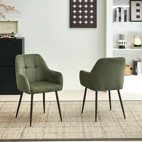 Colorig Modern Green Dining Chairs Set of 2, Ergonomic Armchairs with Cross Metal Legs, Plush Chenille Fabric Upholstered Seat Living Room Chairs for Reception Kitchen Bedroom (2, Green)