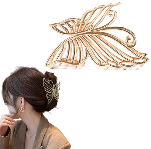 MinoCino Pinza para el Pelo Grande de Metal Plateada para Mujer, Elegante Pinzas para el Pelo Diseño de Mariposa, Accesorio Duradero para Cabello Grueso, Fijación Fuerte, Ideal para Uso Diario