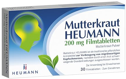 Mutterkraut HEUMANN 200 mg Filmtabletten - Pflanzliches Arzneimittel, zur Vorbeugung von migräneartigen Kopfschmerzen, kann die Intensität von Migräneanfällen verringern, Mutterkraut-Pulver, 30 St