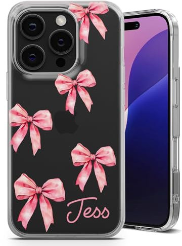 AIGAT Personalised Phone Case for iPhone 14 Pro Max - Clear Soft Gel Custom Cover Beautiful Girly Bow and Heart Design Individual Style Initials Name Text - Pink Name