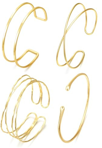 TELAIN 4 Stück Gold Armreif Oberarmreif für Damen, Einstellbare Armreifen aus Hochwertigem Metall, Boho Stil Goldene Armreifen, Perfekt für Partys und Alltag(Stil 1)