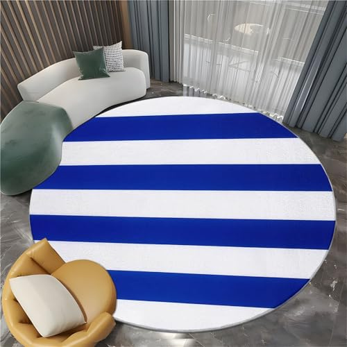 Runder Teppich 150 cm, Waschbar rutschfest Elegant Maritim Geometrisch Minimalistisch Rund Wohnzimmerteppich - Blauweiß Weicher Teppich mit niedrigem Flor für Schlafzimmer Küche Kinderzimmer