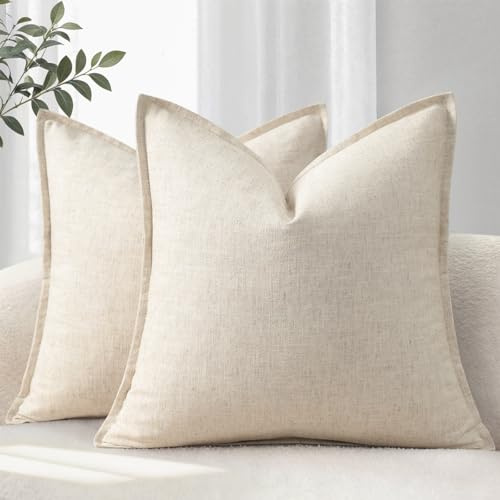 YCOLL Funda de Cojín 45x45 Juego de 2 Fundas de Cojín Cómodas y Suaves de Lino Natural Cojines de Sofá Unicolor Fundas de Cojín Modernas con Borde Cojín Decorativo para Sofá Cama y Salón Beige