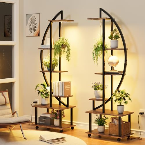 Plant Stand Indoor with Grow Lights, 2 pcs 6 Tier Half-Moon Tall Metal Plant Shelf with Removable Wheels & Hooks, Corner Flower Pot Holder Display Rack for Home Living Room Patio Garden 175x56x30cm