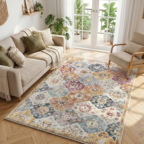 Klyvvo Boho Retro Wohnzimmer Teppich 160x230 cm, Kurzflor Teppich mit Blumenmuster, 1200g/m³ Polyester Maschinwaschbar mit Rutschfester TPE-Unterlage für Schlafzimmer, Esszimmer, Küche, läufer, Bunt