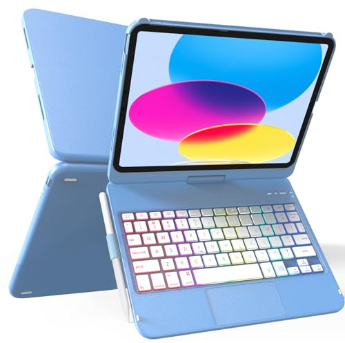 LKV For Ipad A16 Case Keyboard 2025 and Ipad 10th Generation Case with Keyboard 2022 10.9inch, 360 Flip Hard Shell ipad case with keyboard, Multi Touch Precision Trackpad, 7 Mode Backlight, Ocean Blue