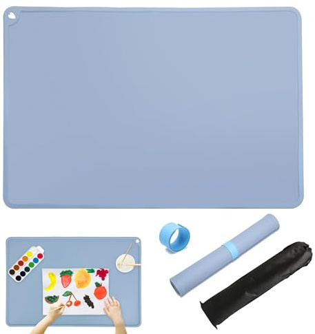 Sxingh Tapis de Peinture en Silicone 60x40 cm Bleu avec Clip Magnétique et Sac de Rangement, sous-Main de Bureau Antidérapant pour Bricolage, Peinture et Loisirs Créatifs