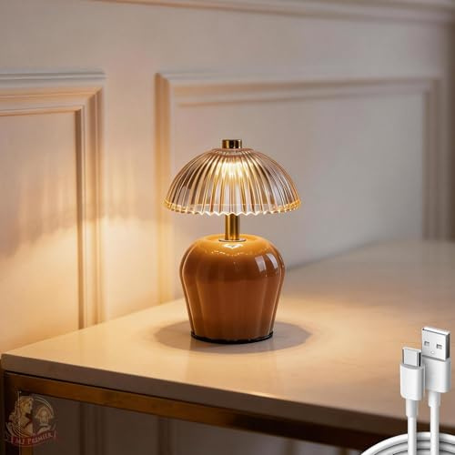 MJ PREMIER Rechargeable Table Lamp, Small Cordless Lamp with Timer, Brown | Mini Glass Mushroom Lampshade, Small Table Lamps, Decorative Led Light for Bedroom Living Room Shelf