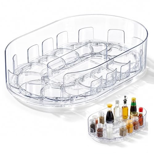 Woobroo Kühlschrank Organizer Drehbar - Rechteckiger Lazy Susan 33cm | 360 Grad drehbarer Gewürzhalter, platzsparendes Rechteck-Design, rutschfest mit Pads, transparenter PET-Kunststoff, BPA-frei