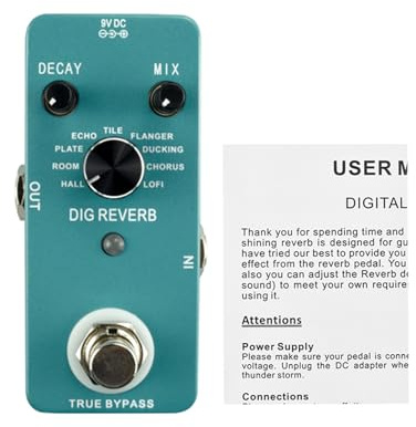 Aumotop Gitarren-Reverb-Pedal, Digitaler Reverb-Effekt, 9 -Typen für Gitarristen, Metall/Schwarz/tragbar/1 Stück (Typ-C)