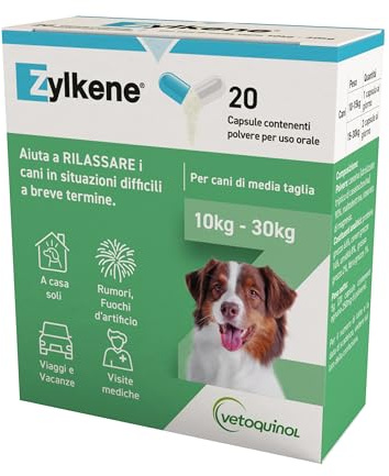 Zylkene Mangime Complementare | Cani di taglia media (10-30 kg) 225 mg | Promuove il rilassamento nelle situazioni di disagio nel breve termine: Rumori forti, Visite veterinarie | 20 capsule