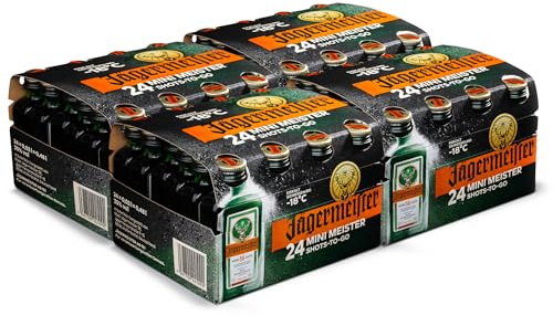 Jägermeister – 96 x 0,02l Premium Kräuterlikör Shots 35% Vol. als Party Geschenk – Aus 56 erlesenen Kräuter – Im Eichenfass gelagert – Das Original aus Wolfenbüttel | 56 erlesene Kräuter – Kalt mazeriertes Elixier – Im Eichenfass gelagert – Das Original aus Wolfenbüttel