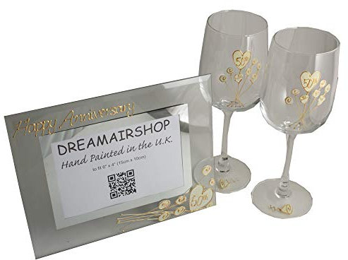 Dreamair 50th Golden Wedding Anniversary Wine Glasses and Photo Frame Set