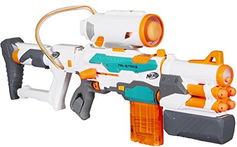 Hasbro Nerf Modulus - Tri-Strike Blaster (Blaster con prolunga della Canna Mega, 10 dardi Nerf Elite, 4 dardi Nerf Mega e 1 Razzo Inclusi)