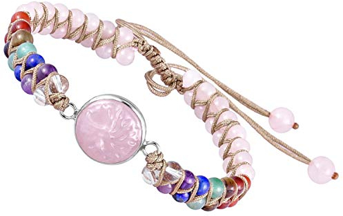 KYEYGWO Rosenquarz Kristall Baum des Lebens Armband für Damen und Herren, Einstellbare Doppelt Geflochtenes Armbänder 7 Chakra Stein Perlenarmband Yoga-Armband Edelstein Schmuck