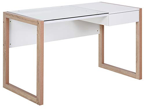 HOMCOM Bureau Informatique Table de Travail Ordinateur avec Grand Plateau en Verre Trempé et Tiroir Intégré Idéal pour Bureau Chambre 120 x 60 x 75 cm Blanc et Bois