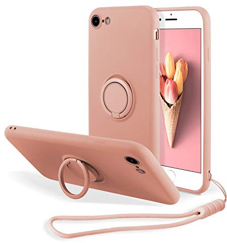 UEEBAI Case for iPhone 7/8/SE 2022 5G/SE 2020, Ultra Slim TPU Shockproof Liquid Silicone Case Ring Holder Kickstand Magnetic Car Mount Cover Wrist Strap for iPhone SE3/SE2 - Pink