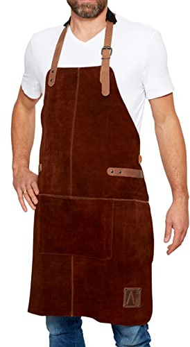REDSALT® Premium Lederschürze 100% Büffel Wild Leder 84x62cm braun | Profi BBQ Grillschürze Arbeitsschürze Küche Gastronomie Bar Barista | Kochschürze Küchenschürze Schürze Geschenke für Männer