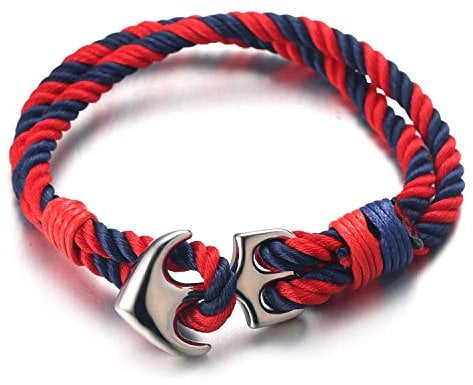 HALUKAKAH ● SAIL ● Men's Nylon Rope Cord Bracelet Multicolor Red and Blue Color Handmade Silver Anchor Clasp 8.26/21cm with Free Giftbox