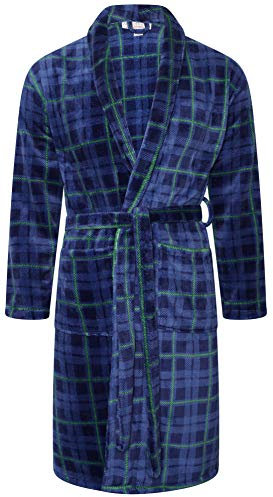 Adore Home Mens Soft Warm Flannel Fleece Bathrobe Mens Dressing Gown Shawl Collar, Check Blue, L-XL