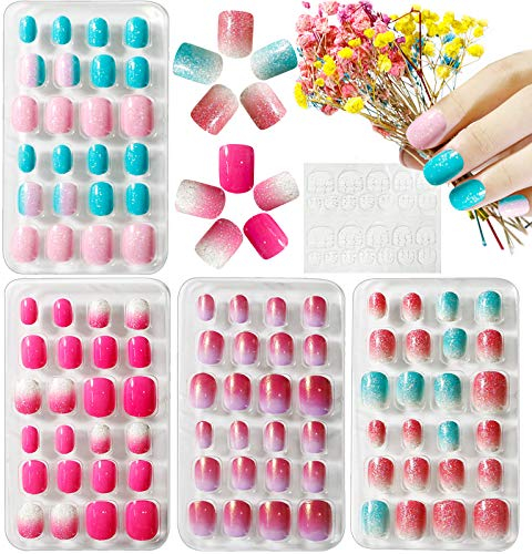 Kalolary 4 Boîtes Faux Ongles pour Enfants, Nail Art Tip Pré Collé Dégradé de couleur Court Full Cover Auto-adhésif avec 1pcs Autocollant De Colle À Ongles, cadeau pour les femmes filles - B