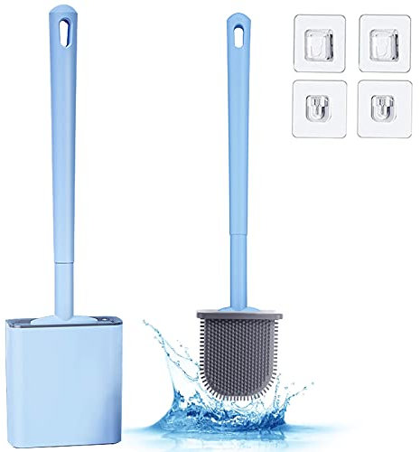 Silicone Toilet Brush and Holder Set, Bathroom Deep Cleaning Bowl Buddy Toilet Brush Flat Head with No-Slip Long Plastic Handle and Drip-Proof Base for Toilet, Bathtub, Sink(Blue)