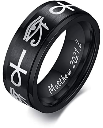 FLHEART Auge des Horus & Ankh Ring : Edelstahl Spinner Stil ägyptische Symbol Schlüssel des Lebens und Auge des Ra Ring Hochzeit Band für Männer, Schutz Amulett Schmuck Geschenk, Größe 67 (21.3)
