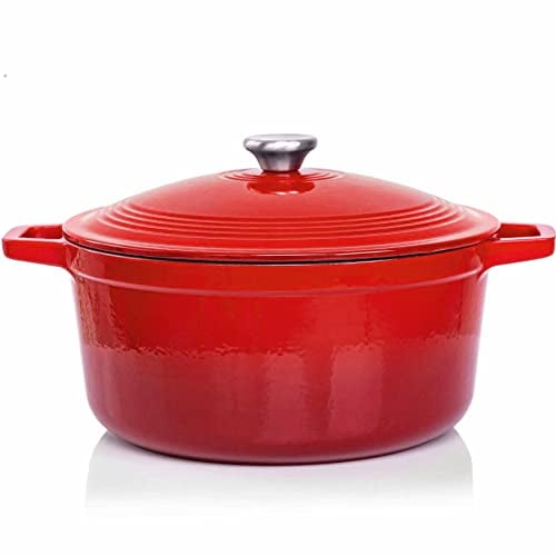 Cazuela Redonda de Hierro Fundido Rojo 6 Litros VeoHome, Olla y Dutch Oven para Pan, Horno Holandés, Cocotte para Cocinar al Horno, Guisos, Asados y Chimenea - caldero diámetro 28cm