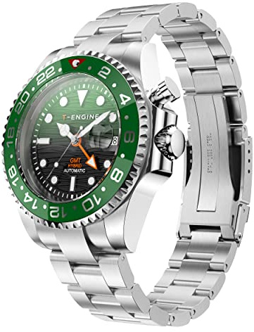 T-Engine GMT Watches for Men with 10 ATM Waterproof, Dual Time Track Automatic Charged Wrist Watch, Stainless Steel 43mm Quartz Watch for Men