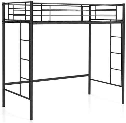 CASART Single Loft Bed, 2 Ladders Metal Bunk Bed with Safety Guardrail, Home School Space-Saving Single High Sleeper Frame for Adults Teens Kids (Black, 196 x 98 x 184cm)