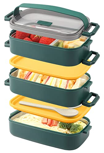 Lunch Box, étanche Trois Couche Bento Box, Boite Dejeuner Hermétique avec Fourchette Cuillère, Micro-Ondes Lave-Vaisselle Sans BPA, Idéale pour Kids Adultes Pique-Nique, Travail, L'école (2.25L Vert)