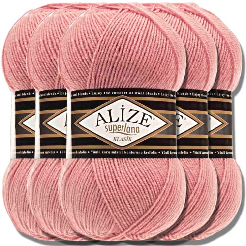 Hobby YARN Alize Superlana Klasik 5 x 100 g Türkische Premium Wolle Baumwolle und Acryl Uni Handstrickgarne Yarn Garn Strickgarn Baby zum Stricken Strickgarn (Salmon Pink | 144)