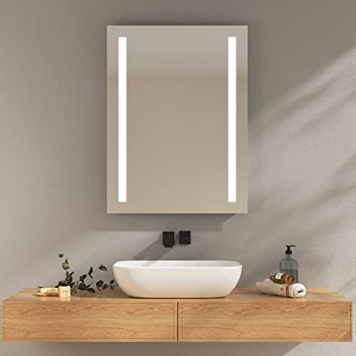 EMKE Badspiegel mit Beleuchtung 60x80cm Badezimmerspiegel mit 2 Lichtfarben, Antibeschlag und Kippschalter, IP44 energiesparend LED Badspiegel