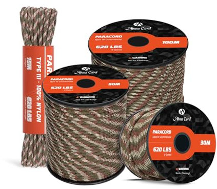 Abma Cord Paracord 620lbs 4mm 15M 100% Nylon Seil Typ 3 Schnur mit 9 Kern für Basteln, Camping, Survival, Outdoor - Max. 280kg - Forest Camo