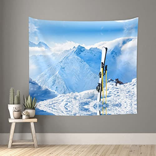 VUCEMI Skier auf Bergen bedruckter Wandteppich, Decke, große Wandteppiche, Heimdekoration, Wandbehang für Schlafzimmer, Wohnzimmer, Wohnheim, 152 x 130 cm