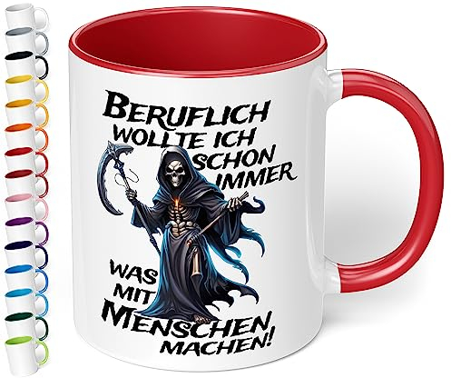 Lustige Büro Tasse „Beruflich wollte ich schon immer was mit Menschen machen!“ - 330ml Keramik Kaffeebecher mit Spruch, Geschenke für Kollegen Büro Arbeit Geburtstag Weihnachten (Rot)