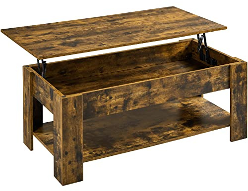 Abician Table Basse Moderne à Plateau Relevable avec Compartiment Caché et Rangement, Table Basse Vintage en Bois MDF, pour Salon Salle de Réception Bureau Brun Rustique