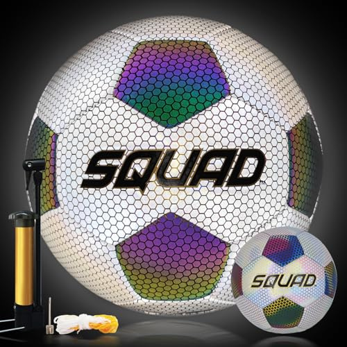 SQUAD Leuchtender Reflektierender Fußball Offizielle Größe 5 Holografisch Leuchtend im Dunkeln Fußball für Drinnen und Draußen - Ideal für Klein & Groß Fußballtraining Nachtspiele