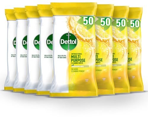 Dettol Antibacterial Wipes, Citrus, Total of 400 Wipes (8 Packs X 50), Biodegradable Wipes, Cleaning Wipes, Disinfectant Wipes, Surface Wipes, Antibacterial, Household Cleaners