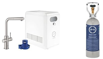 GROHE Blue Pro - L-Auslauf All-In-One Kit (Kühl-, Filter- und Sprudelfunktion, Bluetooth & WiFi, herausziehbarer Mousseur), supersteel, 31326DC2