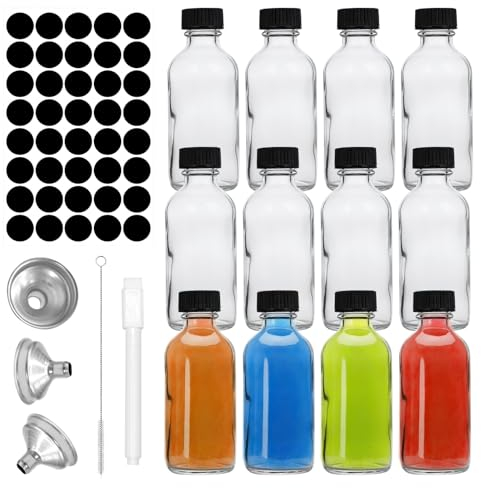 Ortviai 12 Stück Mini Glasflaschen Mit Deckel, Shot Flaschen Zum Befüllen Glas, 60ml Kleine Glasflaschen Zum Befüllen, Mit Trichter Klein, Etiketten Und Stift, Für Ätherische Öle, Ingwer Shot, Whisky