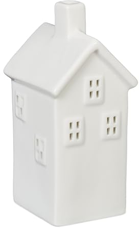 Relaxdays Teelichthaus Keramik, Leuchthäuschen für 1 Teelicht, H x B x T: 14 x 6,5 x 7 cm, Teelichthalter Haus, weiß