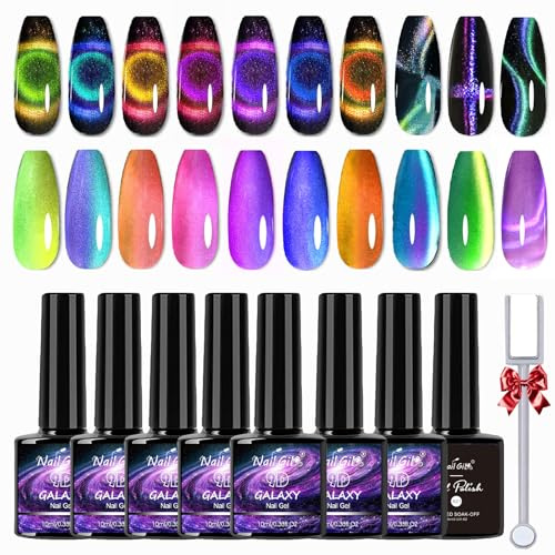 NAILGIL 9d U V Nagellack Cat Eye Nagellack Set mit Magnet, 8 Farben Glas 9D Gel Cat Magnetic Eye Gel Maniküre und Nagelkunst DIY zu Hause
