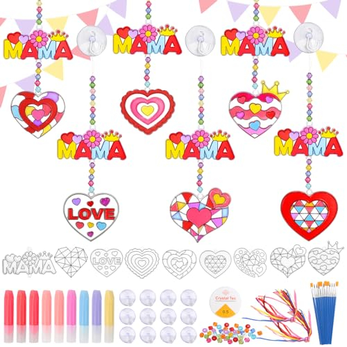 LOHAME 16 Stück Mama Geschenk Basteln Kinder Muttertag Herz Bastelset MAMA Sonnenfänger zum Bemalen Acryl Kreativ Handwerk für Mutter Muttertagsgeschenk Geburtstagsgeschenk für Mama von Tochter Sohn